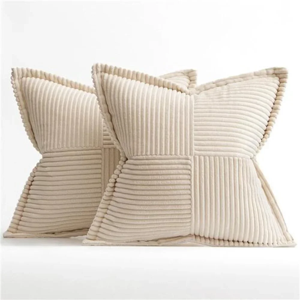 Corduroy Pillow Covers,20x20 Boho Striped Decorative Throw Pillow,Set of 2 Beige